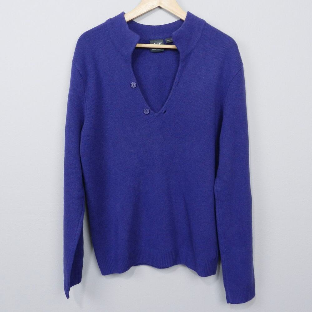 Armani‎ Exchange Lambswool Deep V Neck Button Sweater Size M Indigo Purple Knit